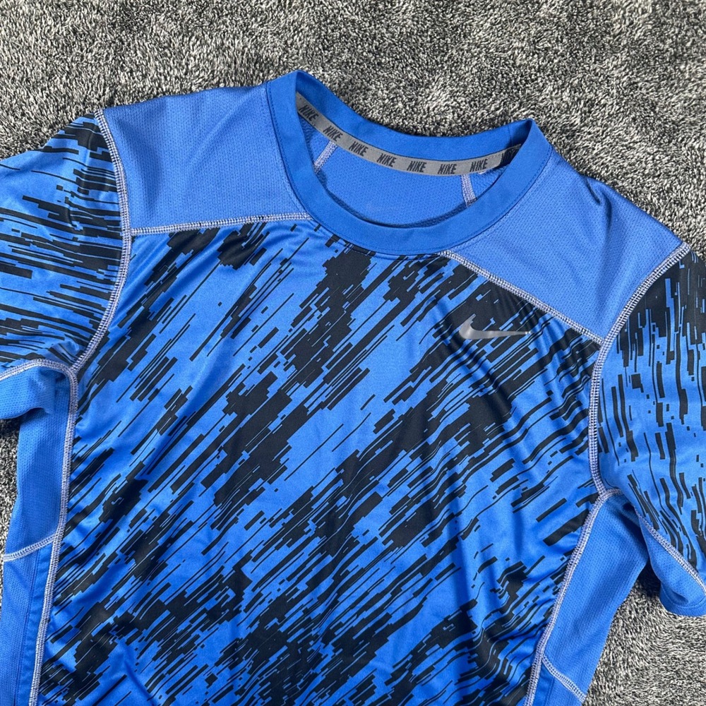Nike Pro Combat Shirt Mens M Dri-FIT Blue Black Digital Glitch Graphic Athletic